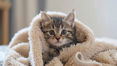 A kitten wrapped in a fluffy towel after a bath, looking adorable and cozy in a loving homeの素材