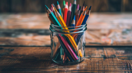 A jar filled with a variety of colored pencils on a wooden deskの素材