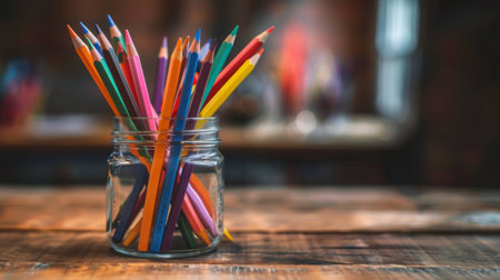 A jar filled with a variety of colored pencils on a wooden deskの素材