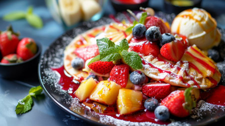 A plate of roti served with a variety of toppings such as fresh fruits and ice creamの素材