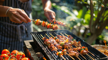 A person grilling chicken skewers on a barbecue grill and preparing som tam in a garden settingの素材