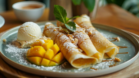 A plate of Thai-style crepes served with fresh mango slices and a scoop of coconut ice creamの素材