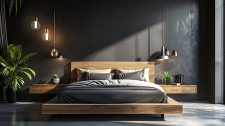 A modern bedroom interior with a stylish platform bed and minimalist decorの素材