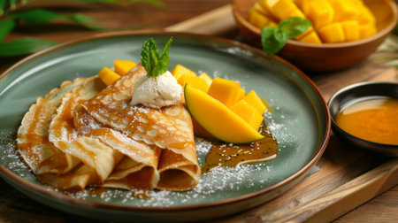 A plate of Thai-style crepes served with fresh mango slices and a scoop of coconut ice creamの素材