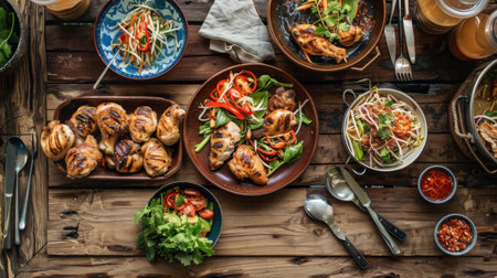 A rustic wooden table set with grilled chicken thighs and som tam, ready for a family mealの素材