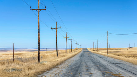 A row of telephone poles stretching along a rural road, with clear blue sky in the backgroundの素材