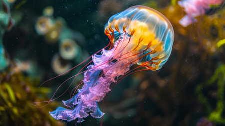 A rainbow-colored jellyfish swimming gracefully in an aquarium tank, displaying its iridescent beauty underwater.の素材