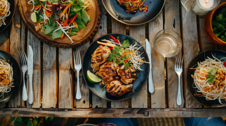 A rustic wooden table set with grilled chicken thighs and som tam, ready for a family mealの素材