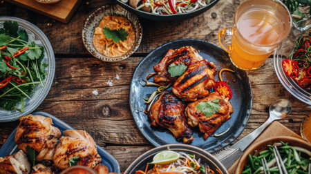 A rustic wooden table set with grilled chicken thighs and som tam, ready for a family mealの素材