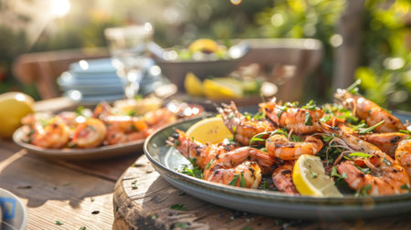 A rustic outdoor dining scene with grilled shrimp served on a wooden table with lemon wedgesの素材
