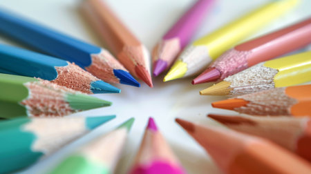 A set of colored pencils arranged in a circle with tips pointing inwardの素材