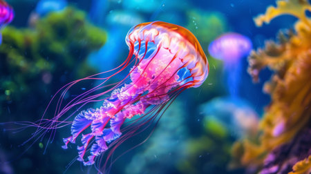 A rainbow-colored jellyfish swimming gracefully in an aquarium tank, displaying its iridescent beauty underwater.の素材