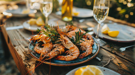 A rustic outdoor dining scene with grilled shrimp served on a wooden table with lemon wedgesの素材