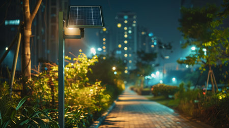 A solar-powered street light illuminating a city sidewalk at night, showcasing urban sustainabilityの素材