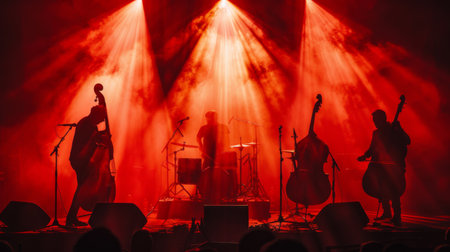 Silhouetted musicians playing instruments on a stage, with dramatic backlighting.の素材
