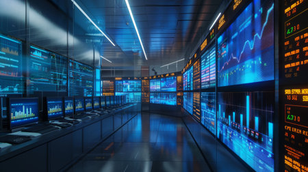A digital screen in a financial trading room showing live updates of stock prices and market indicesの素材
