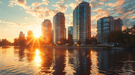 High-rise buildings on a riverfront during golden hour, with the sunlight casting a warm glow.の素材