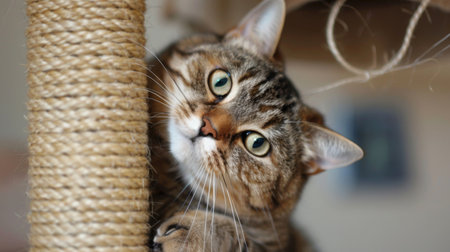A tubby cat attempting to climb a scratching post, showing determination despite its size.の素材