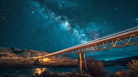 A long exposure shot of a bridge spanning a river under a starry night sky, capturing light trails from passing vehiclesの素材