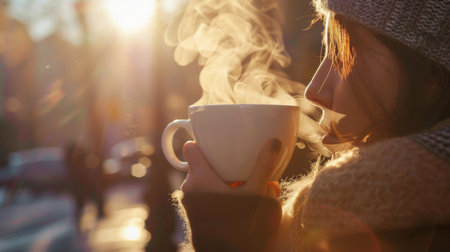 A person sipping coffee from a white porcelain mug, steam rising in the morning sunlightの素材