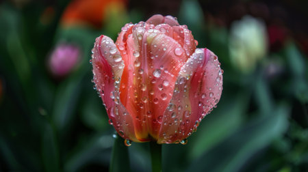 Fresh raindrops on a budding tulip flower, signaling the arrival of springの素材