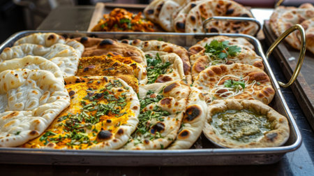 A tray of assorted Indian breads including roti, naan, and paratha, freshly baked and served hotの素材