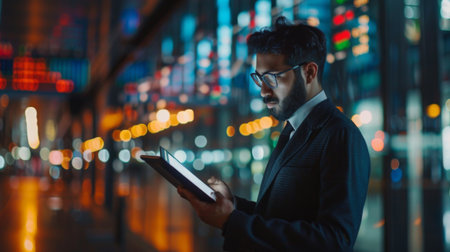 A businessman analyzing stock market data on a digital tablet in a modern office setting.の素材