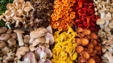 A colorful assortment of mushrooms laid out at a farmer's market stall.の素材