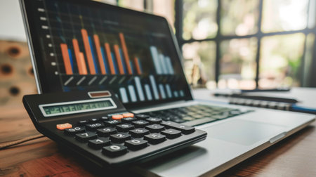 A close-up of a calculator with financial graphs on a laptop screen, emphasizing financial planning.の素材