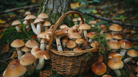 A basket full of freshly picked mushrooms, placed on a forest floor.の素材