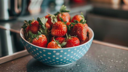 A bowl of freshly picked strawberries with leaves on a kitchen counter, ready for cooking or snackingの素材