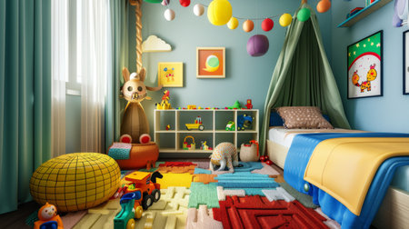 A child's bedroom decorated with colorful toys, vibrant bedding, and a playful theme for a cheerful sleep environment.の素材