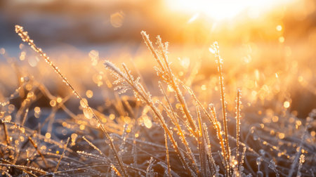 A close-up of dew-covered grass with the sun rising in the background, highlighting each blade's sparkleの素材