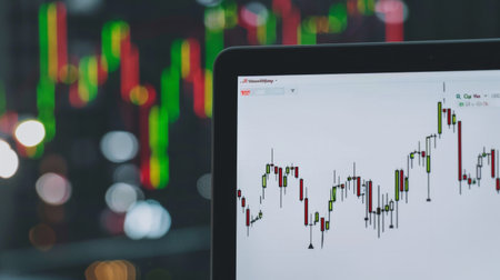 A laptop showing candlestick charts and technical indicators used for stock market analysis.の素材