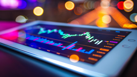 A digital tablet showing interactive stock market charts and investment portfolio analytics.の素材