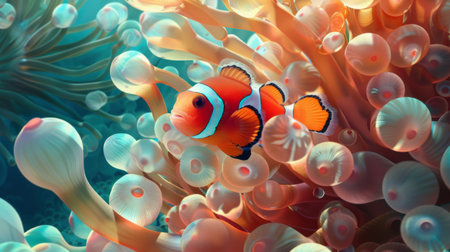 Anemonefish swimming playfully in and out of a sea anemone, showcasing their symbiotic relationship.の素材