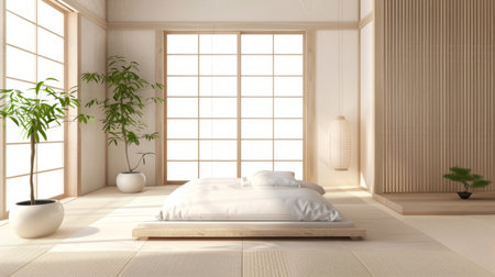 A minimalist bedroom with a Japanese futon, shoji screens, and tatami mats, embodying Zen-inspired tranquility.の素材