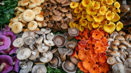 A colorful assortment of mushrooms laid out at a farmer's market stall.の素材