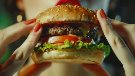 A person biting into a juicy hamburger with melted cheese, lettuce, and tomato, enjoying every savory bite.の素材