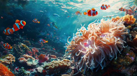 A group of colorful reef fish swimming around a magnificent sea anemone in a tropical coral reef.の素材