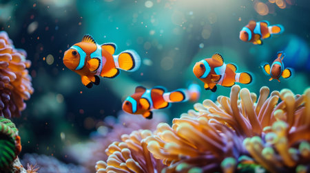 A group of saddleback clownfish swimming around a sea anemone, displaying their vibrant colors.の素材