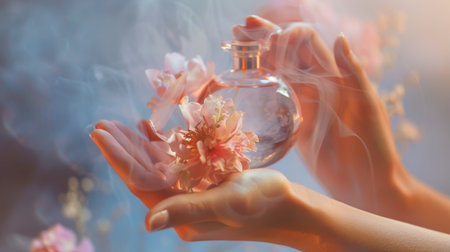 A woman's hands holding a perfume bottle, with soft floral notes visible through the clear glass and a subtle mist in the air.の素材