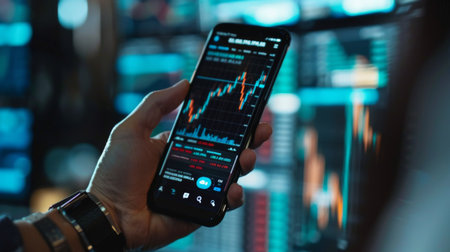 A hand holding a smartphone with a stock market app open, checking real-time stock prices and portfolio performance.の素材