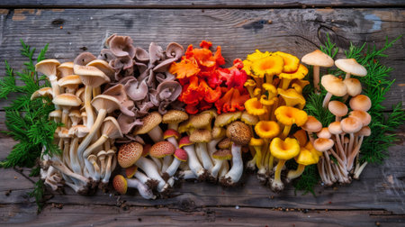 A variety of colorful mushrooms displayed on a rustic wooden table, ready for cooking.の素材