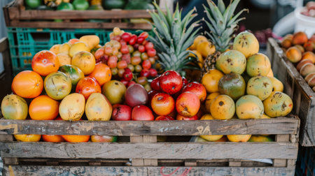 A vibrant assortment of fresh tropical fruits arranged in a rustic wooden crate at a farmer's market.の素材