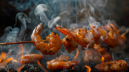 A close-up of shrimp on a skewer being grilled over an open flame, with smoke billowingの素材