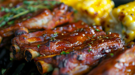 A close-up of grilled pork ribs with honey glaze, served with corn on the cobの素材