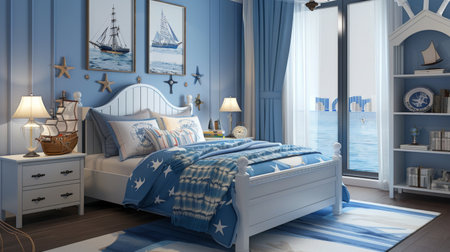 A bedroom with a nautical theme, featuring blue and white decor, ship models, and sea-themed beddingの素材