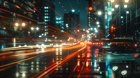 A cityscape at night with illuminated traffic lights and streaks of car headlightsの素材