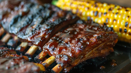 A close-up of grilled pork ribs with honey glaze, served with corn on the cobの素材